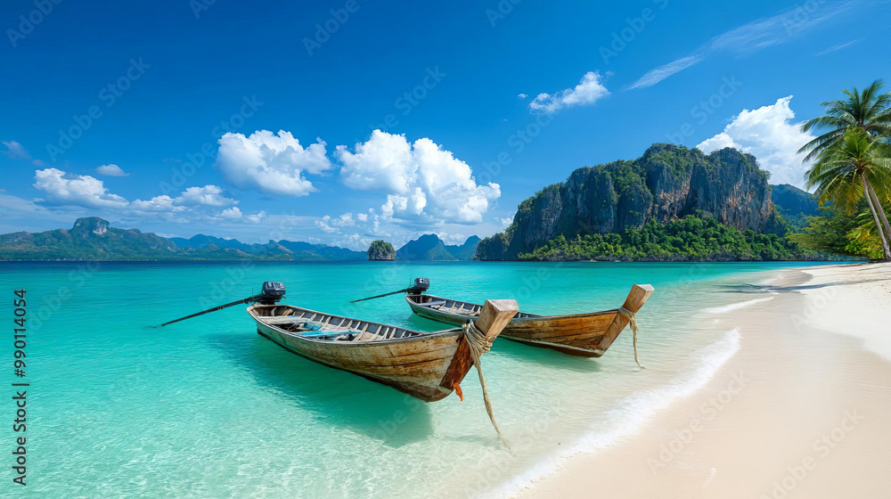 Obraz premium Two traditional boats on a sandy beach with clear turquoise water and tropical mountains in the background.