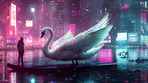 Fototapeta Naklejka Na Ścianę i Meble -  A surreal scene featuring a giant swan and a figure in a vibrant, neon-lit cityscape.