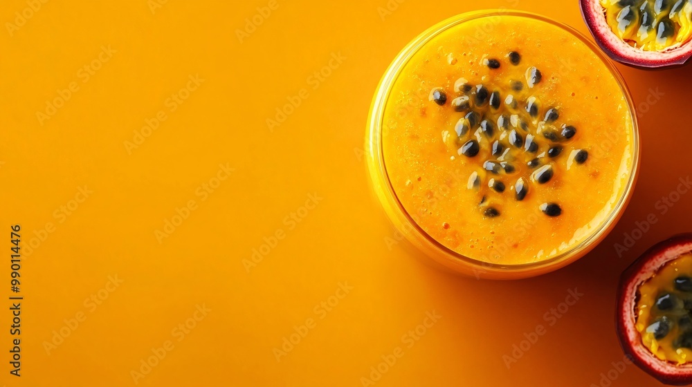 Passion fruit smoothie with half fruits on orange background. Passion fruit smoothie with half fruits on orange background.