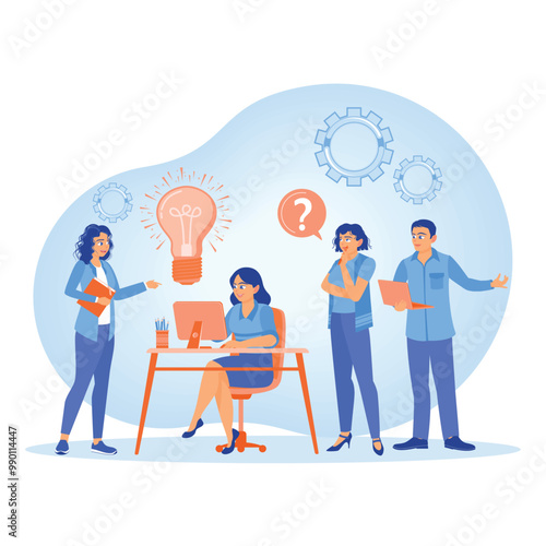 Business team holding meeting in office. Business team discussing ideas for starting a new venture. Team communication concept. Flat vector illustration.