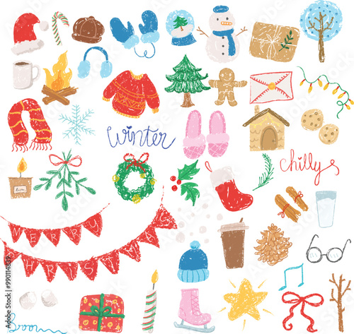 Winter, Christmas and holidays crayon, colored pencil, chalk fun cute kid doodle set badge, scribble line. Hand-drawn texture sketch childish element, gingerbread, presents, wreaths, ornaments, branch