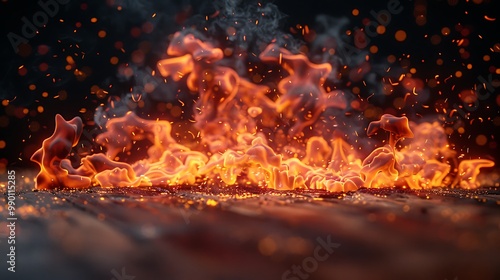 Rustic Wooden Table with Burning Fire Backdrop