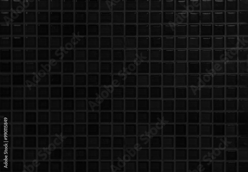 Dark black ceramic wall chequered and floor tiles mosaic background in bathroom. Design pattern geometric with grid wallpaper texture decoration pool. Simple seamless abstract surface grunge.