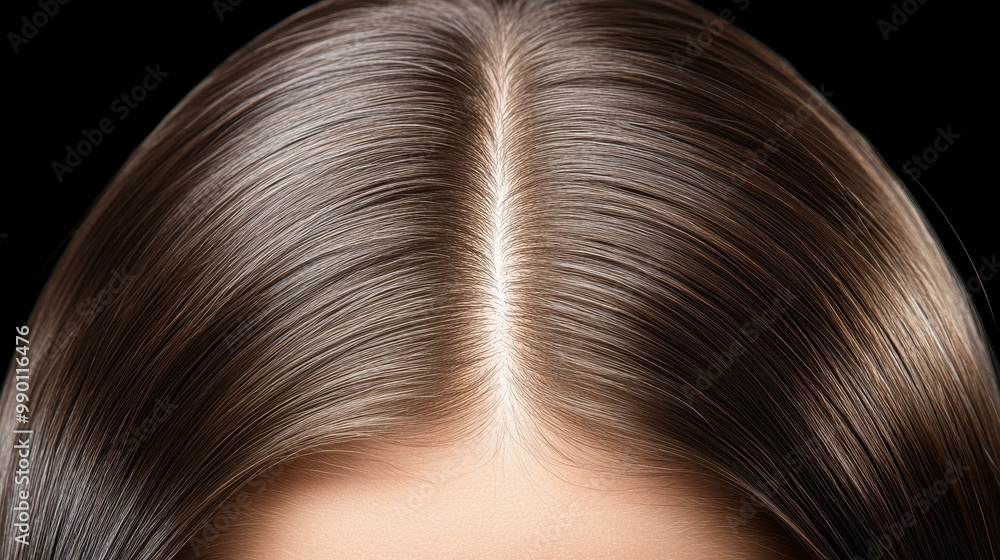 A closeup of a womans head reveals a hint of dandruff amid her otherwise vibrant and healthy hair. A closeup of a womans head reveals a hint of dandruff amid her otherwise vibrant and healthy hair.