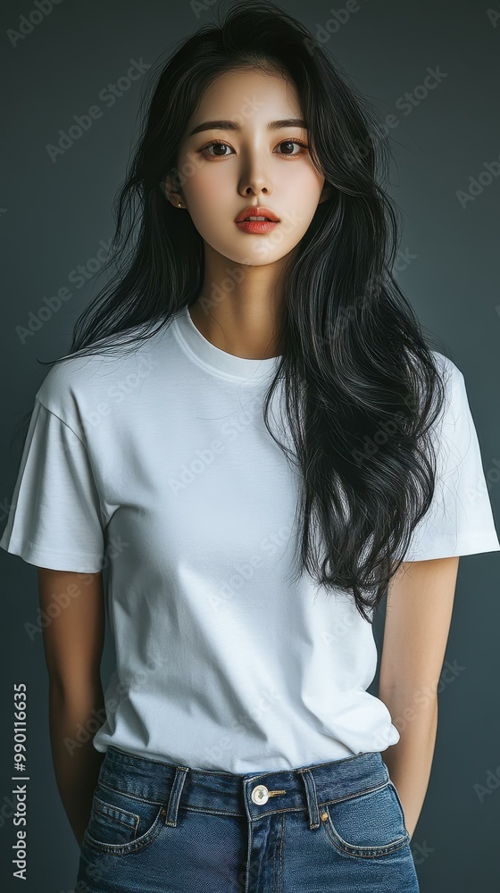 A graceful Korean woman in a simple white tee and jeans, posing effortlessly with her long, slightly curly black hair. A graceful Korean woman in a simple white tee and jeans, posing effortlessly with her long, slightly curly black hair.
