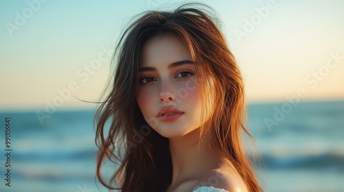 A stunning lady with flowing brown hair graces the shore in a delicate white dress, the sea shimmering in the twilight.