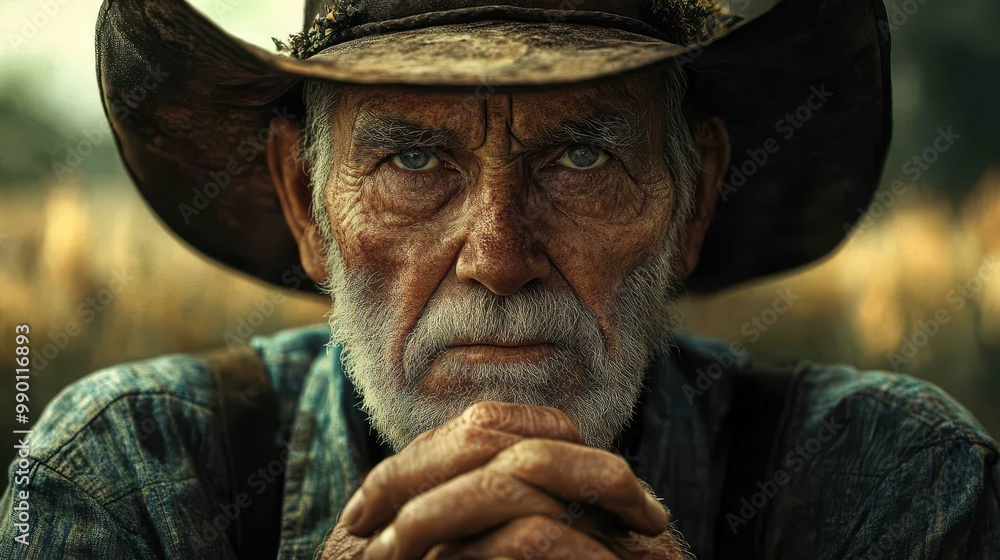 A hyperrealistic portrayal of an aged farmer, his wrinkled hands raised to the sky, telling a story of hard work and endurance. A hyperrealistic portrayal of an aged farmer, his wrinkled hands raised to the sky, telling a story of hard work and endurance.