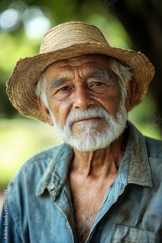 An elderly man from Brazils Northeast stands resilient in the sun, his wise gaze reflecting years of life and experience.