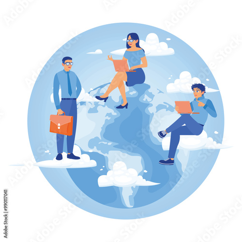 People are around the globe with computers. Work from anywhere in the world. Remote Work Online concept. Flat vector illustration.