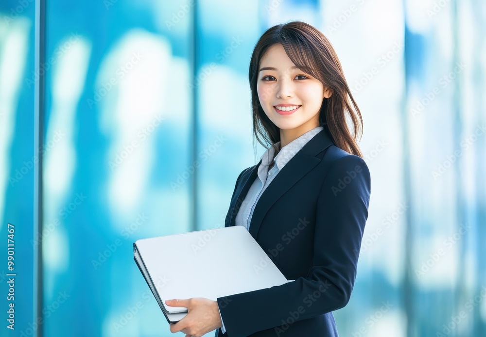 A professional Japanese woman exudes confidence in a navy suit, smiling with a laptop by a sleek glass building. A professional Japanese woman exudes confidence in a navy suit, smiling with a laptop by a sleek glass building.