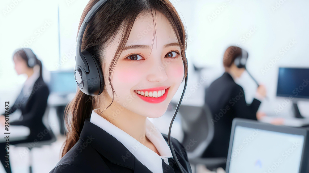 A friendly customer service rep in Japan, engaged on a call, brightening the day with her cheerful demeanor. A friendly customer service rep in Japan, engaged on a call, brightening the day with her cheerful demeanor.