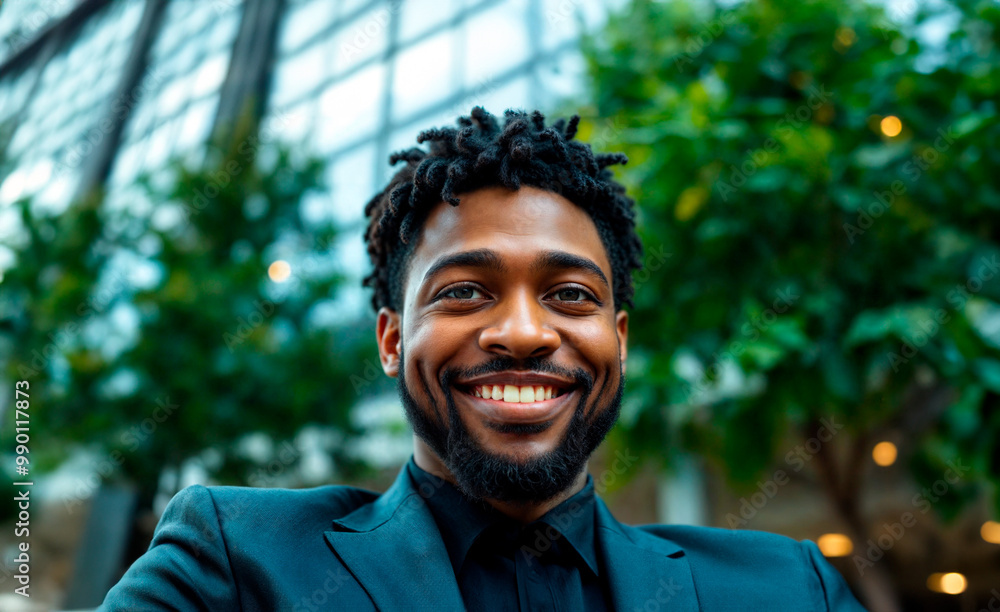 A smiling man with dreadlocks, wearing a suit and standing in front of a building with a glass facade. A smiling man with dreadlocks, wearing a suit and standing in front of a building with a glass facade.
