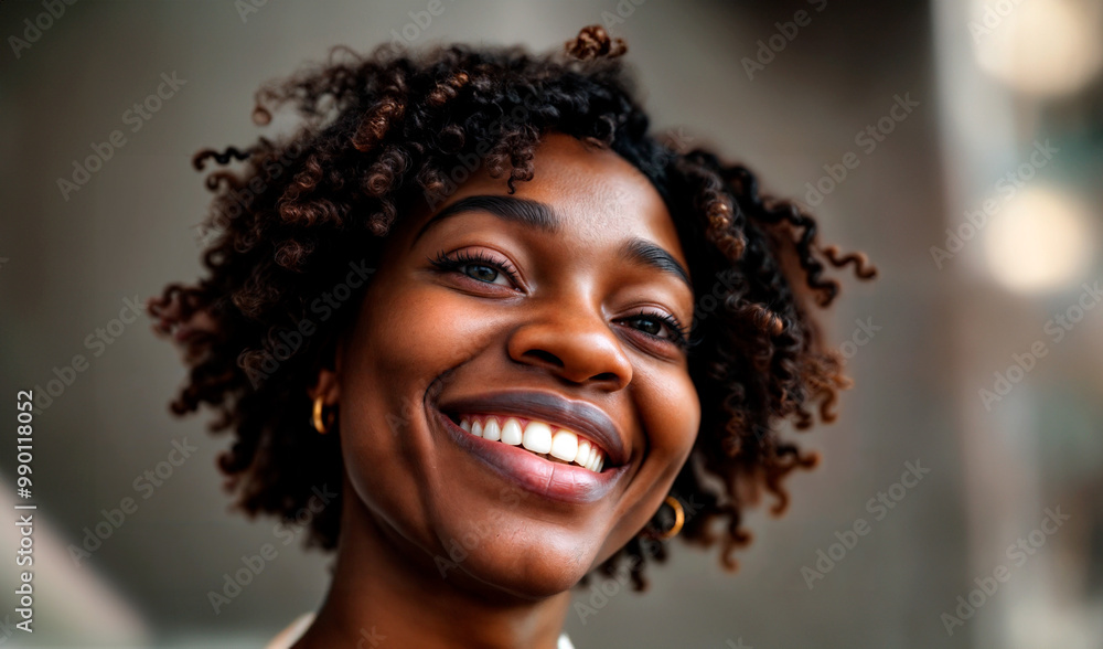 A woman with curly hair smiling at the camera. A woman with curly hair smiling at the camera.