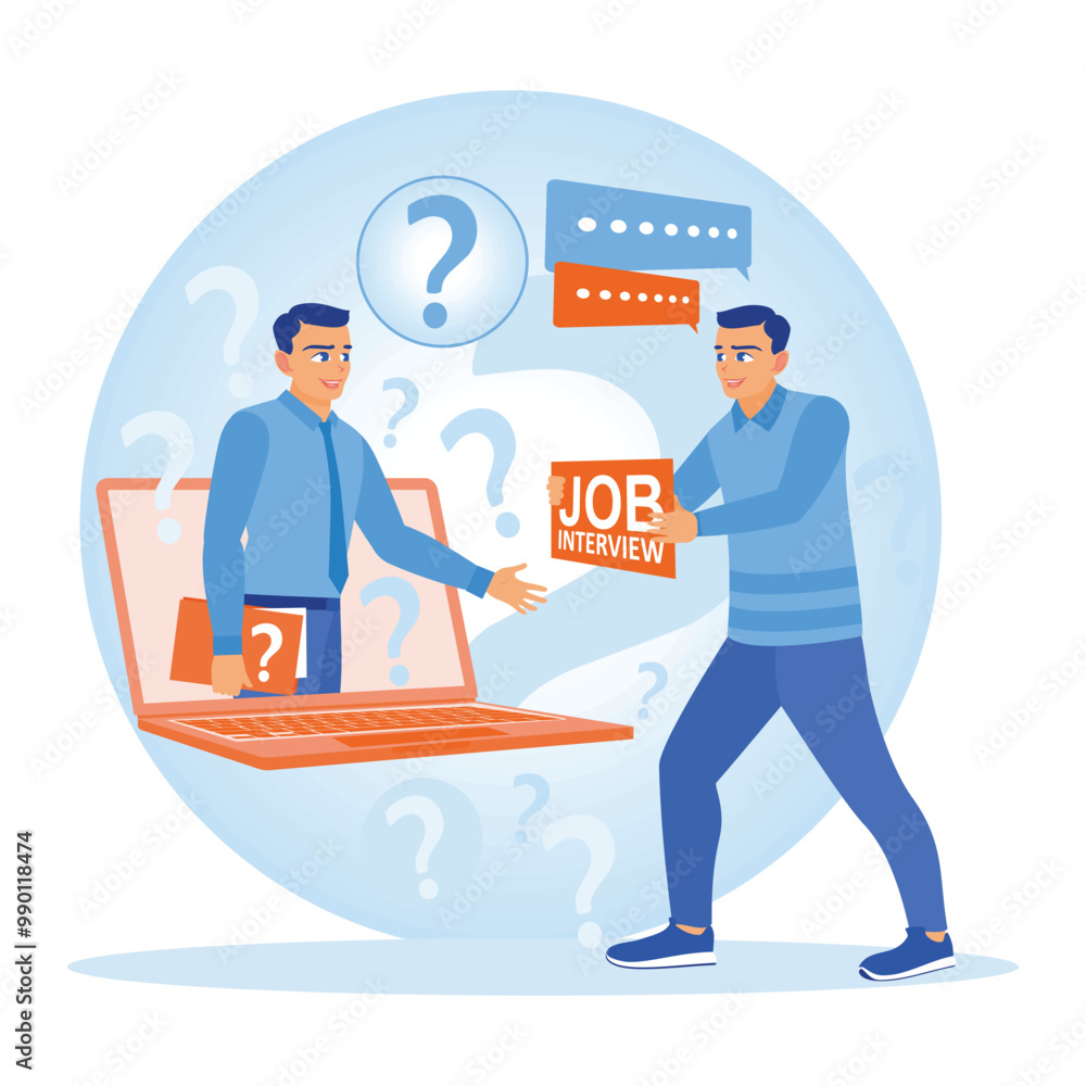 Employee recruitment. HR conducts online job interviews with candidates. Business communication concept. Flat vector illustration. Employee recruitment. HR conducts online job interviews with candidates. Business communication concept. Flat vector illustration.