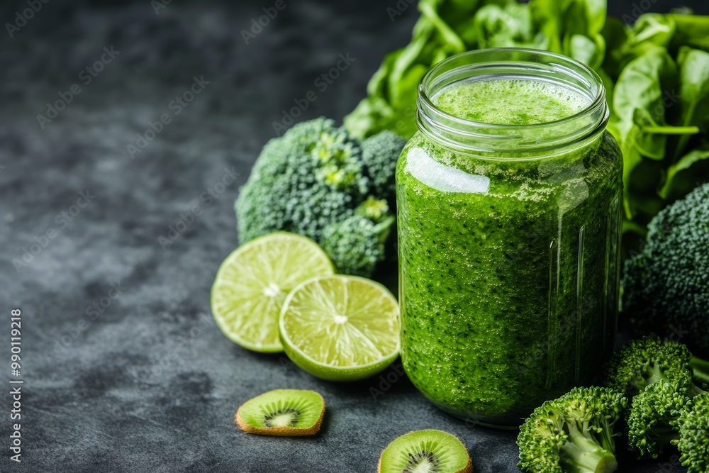 Green detox smoothie with broccoli, kiwi, and lime for wellness Green detox smoothie with broccoli, kiwi, and lime for wellness