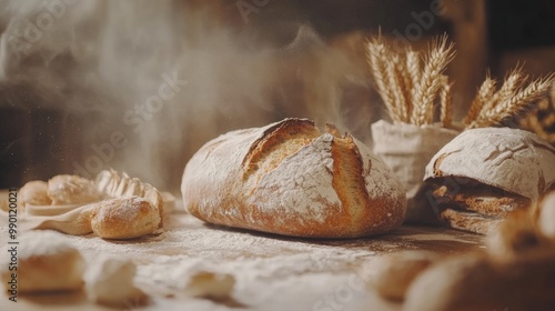 Freshly Baked Bread with Flour Dust