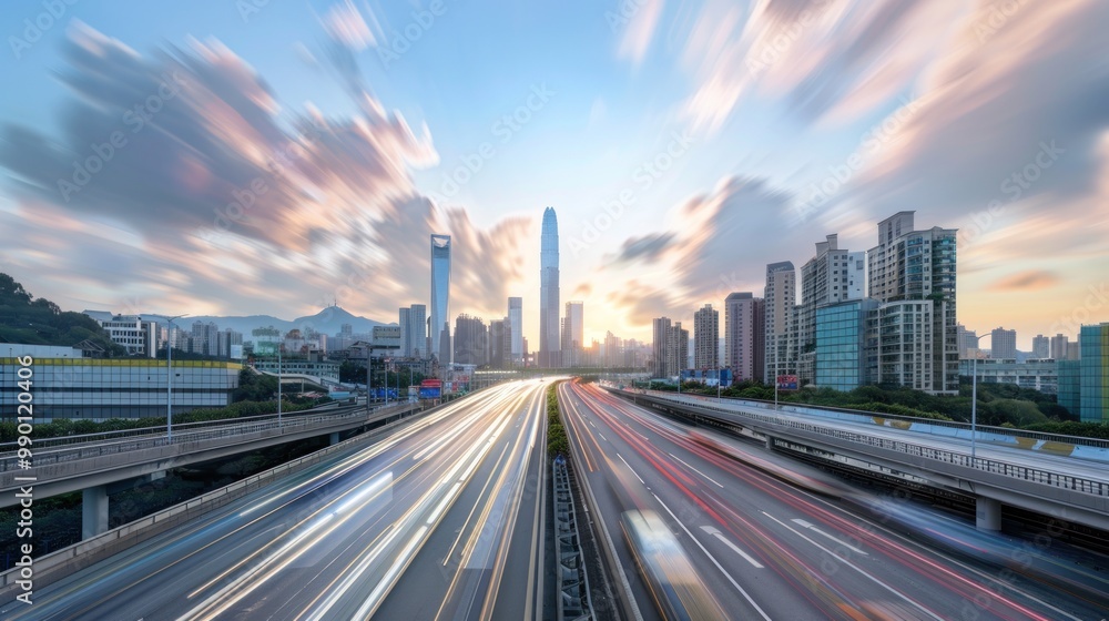 Cityscape with Highway and Dramatic Sky Cityscape with Highway and Dramatic Sky