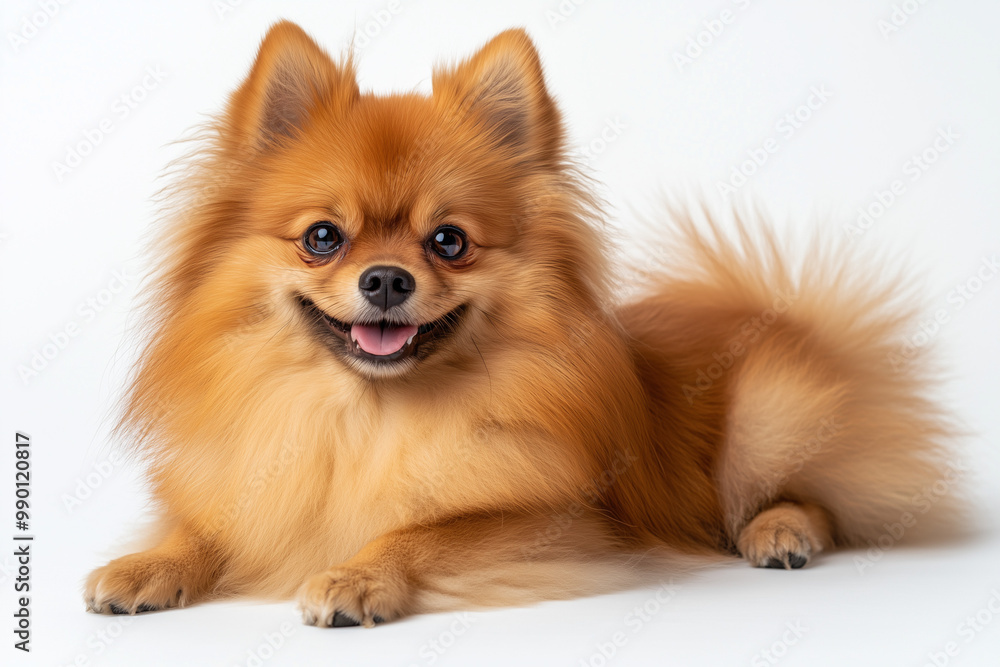 Fototapeta premium Smiling Pomeranian A cheerful Pomeranian with a fluffy orange coat and a happy expression