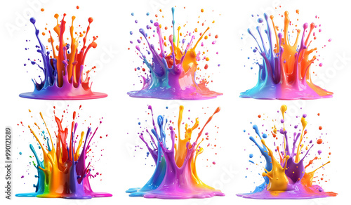 Vibrant colorful paint splashes in various shapes isolated on transparent background photo