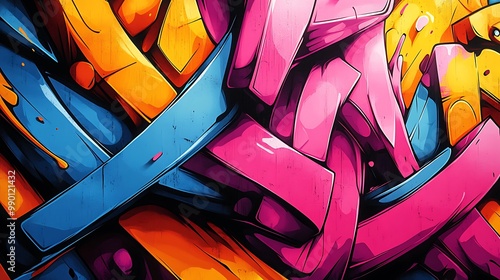 Repeated graffiti shapes layered in vibrant neon tones, bold lines echoing through the concrete jungle, sharp angles and fluid forms blending into an abstract urban environment,