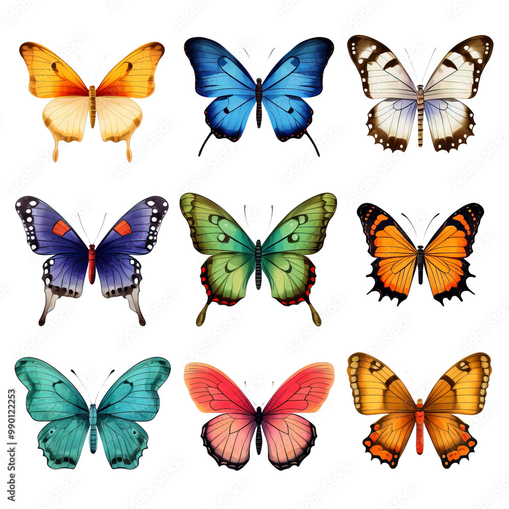 Fototapeta premium Collection colorful butterfly in various colors and patterns, perfect for nature-themed projects or illustrations. Insect.