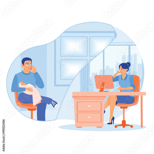 Father holding and caring for a baby. The young man is on duty with his wife working in an office. Maternity and paternity leave concept. Flat vector illustration.