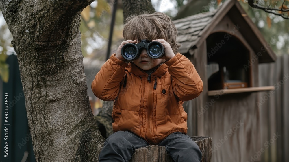 A young child peers through binoculars from a treehouse, ready for new adventures in the backyard A young child peers through binoculars from a treehouse, ready for new adventures in the backyard
