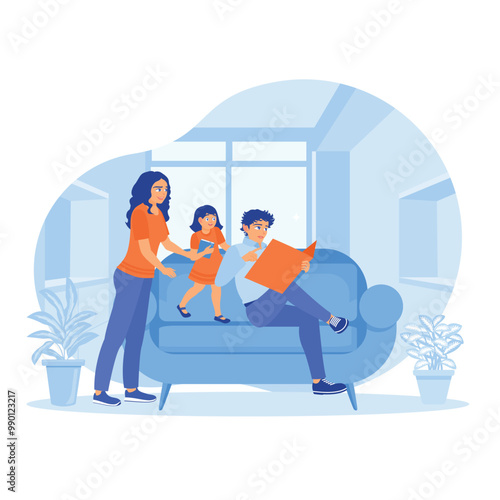 Young parents read a book to their daughter in the living room. Parents spend their free time with children. Maternity and paternity leave concept. Flat vector illustration.
