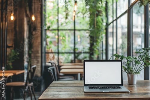 Wallpaper Mural Bright café scene with a blank laptop on a wooden table Torontodigital.ca