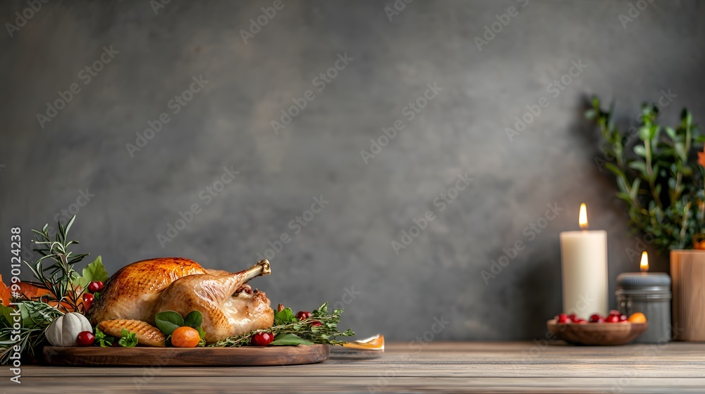 An inviting Thanksgiving dinner table featuring a roasted turkey, fresh herbs, pumpkins, and candles. The background is a soft, muted gray, enhancing the warm atmosphere. An inviting Thanksgiving dinner table featuring a roasted turkey, fresh herbs, pumpkins, and candles. The background is a soft, muted gray, enhancing the warm atmosphere.