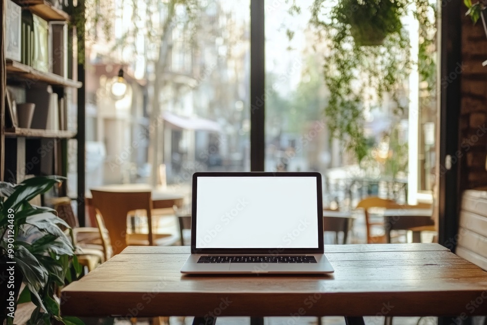 Bright café scene with a blank laptop on a wooden table Bright café scene with a blank laptop on a wooden table