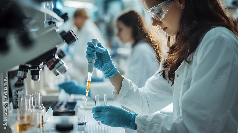 Female Scientist in Lab Using Pipette and Microscope Female Scientist in Lab Using Pipette and Microscope