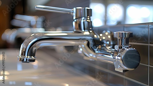 Close-up of a Chrome Bathroom Faucet with a Handle photo