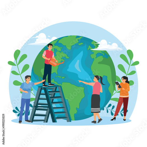 People prepare for Earth Day. Save the earth and save energy. Earth Day concept. Flat vector illustration.