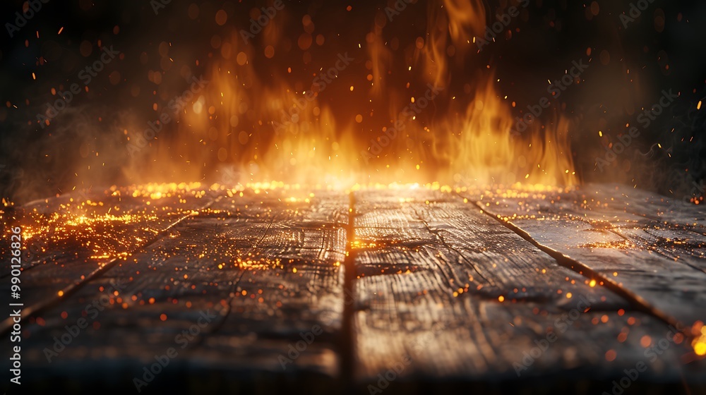 Rustic Wooden Table with Burning Fire Backdrop Rustic Wooden Table with Burning Fire Backdrop