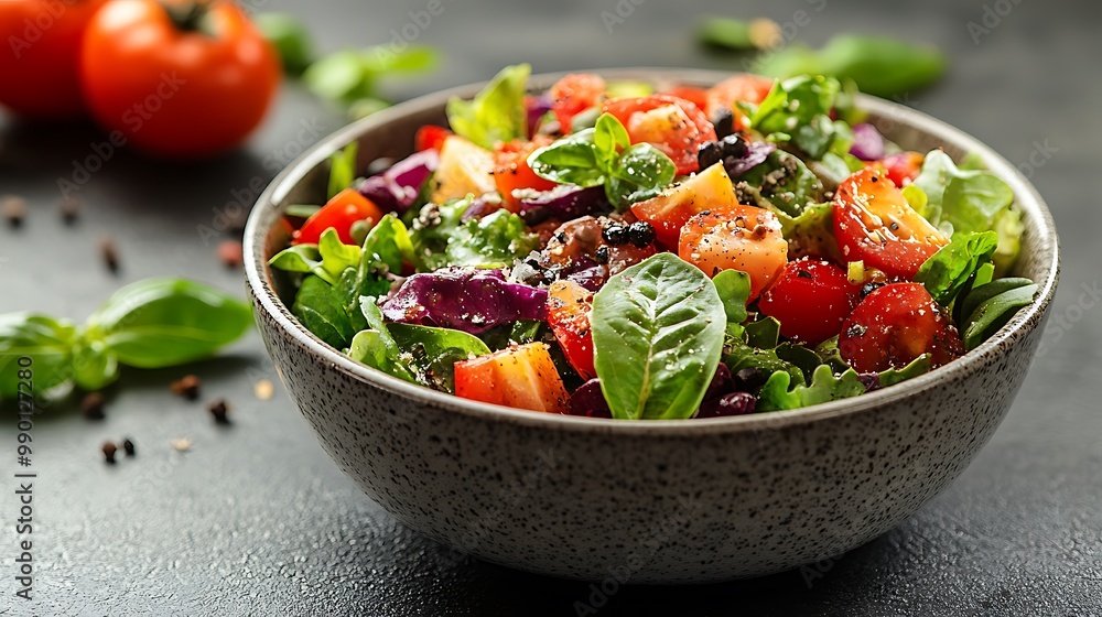 A close-up of a salad bowl surrounded by fresh ingredients on a plain background, leaving space for text on the left A close-up of a salad bowl surrounded by fresh ingredients on a plain background, leaving space for text on the left