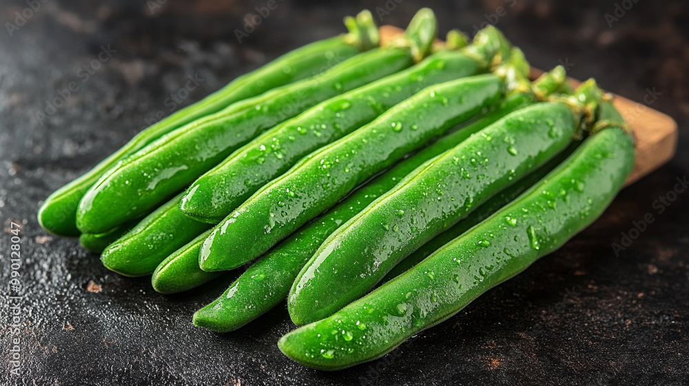 Fresh green beans with water droplets, arranged on a wooden surface. Perfect for healthy cooking and vibrant food photography. Fresh green beans with water droplets, arranged on a wooden surface. Perfect for healthy cooking and vibrant food photography.