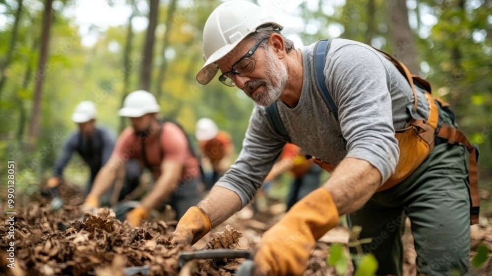 Volunteers restoring a forest ecosystem, clearing debris, with towering trees and wildlife returning, symbolizing environmental conservation efforts Volunteers restoring a forest ecosystem, clearing debris, with towering trees and wildlife returning, symbolizing environmental conservation efforts