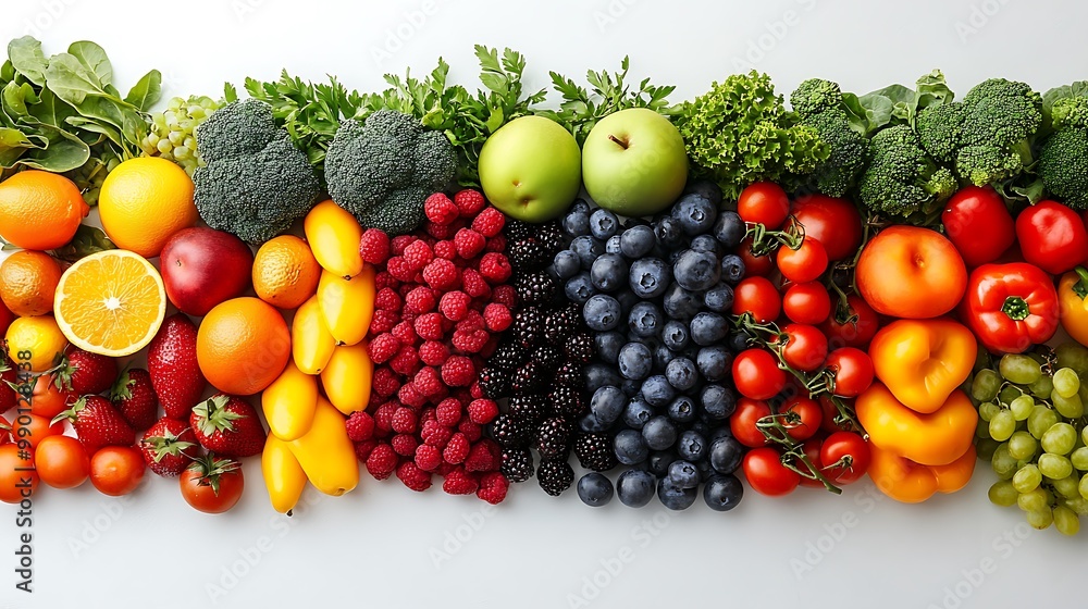 A fresh, vibrant display of fruits and vegetables arranged on a white surface with a large open space for text on the side A fresh, vibrant display of fruits and vegetables arranged on a white surface with a large open space for text on the side