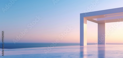 Modern architectural structure overlooking a serene ocean at sunset, creating a peaceful and inspiring ambiance.