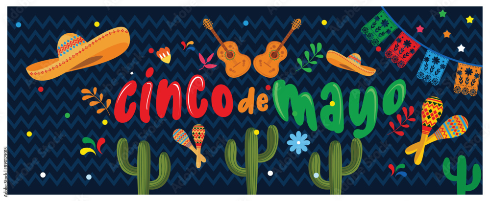 Fototapeta premium Federal holidays in Mexico. Cinco de Mayo with flag, sombrero, and other symbols. Cinco de Mayo concept. Flat vector illustration.