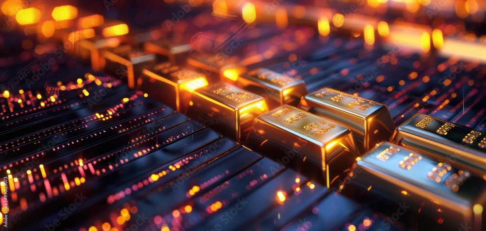 Close-up view of glimmering gold bars on a vibrant circuit board, symbolizing wealth and technology. Close-up view of glimmering gold bars on a vibrant circuit board, symbolizing wealth and technology.