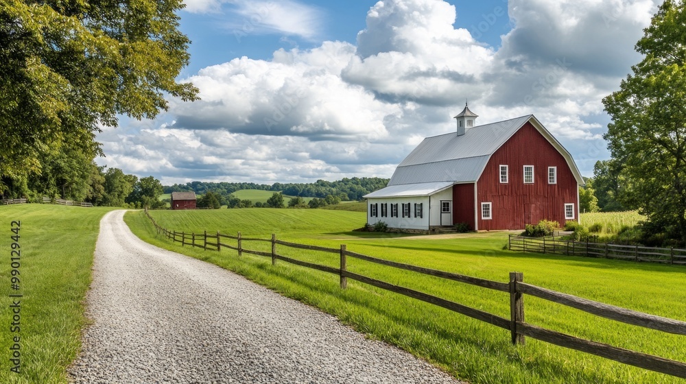 Charming Rural Scene with Classic Red Barn and White Farmhouse, Gravel Driveway, Surrounded by Lush Green Fields, Evoking Tranquil Countryside Aesthetics Charming Rural Scene with Classic Red Barn and White Farmhouse, Gravel Driveway, Surrounded by Lush Green Fields, Evoking Tranquil Countryside Aesthetics