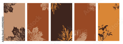 Set of autumn backgrounds for Instagram stories templates in brown tones. Social media frame with traced fall leaves and bell flower. Vector flat illustration
