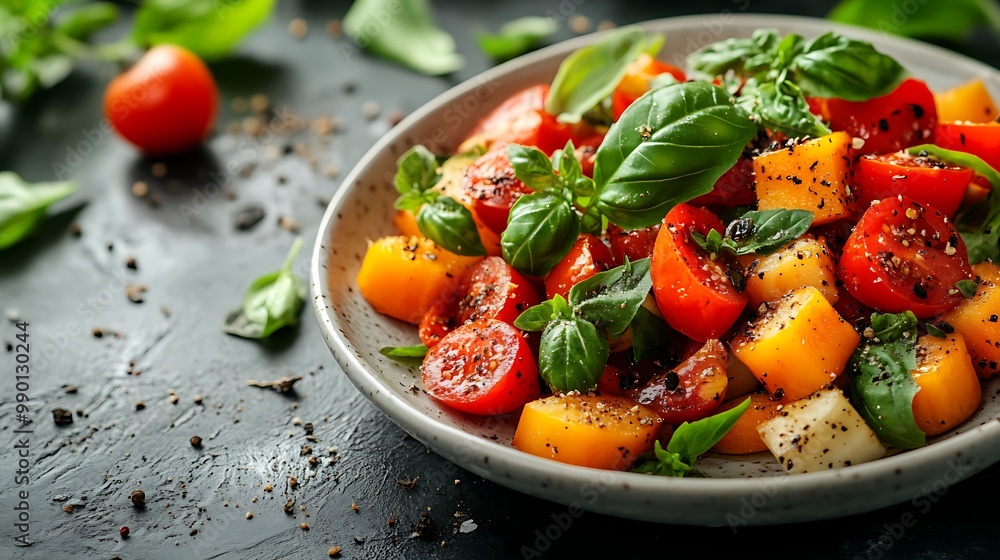 A white plate filled with a colorful vegetarian dish, centered on a clean background with ample space for text A white plate filled with a colorful vegetarian dish, centered on a clean background with ample space for text