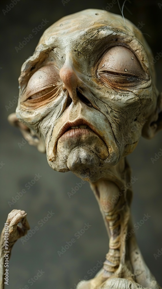 Close-Up of a Detailed and Expressive Wooden Sculpture of a Humanoid Creature Close-Up of a Detailed and Expressive Wooden Sculpture of a Humanoid Creature