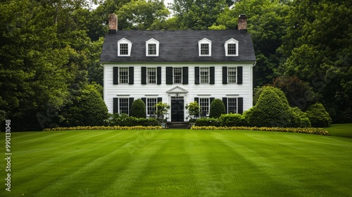 Colonial Elegance, a classic colonial-style house featuring white siding and black shutters, showcases a symmetrical facade set against a lush, manicured lawn. photo