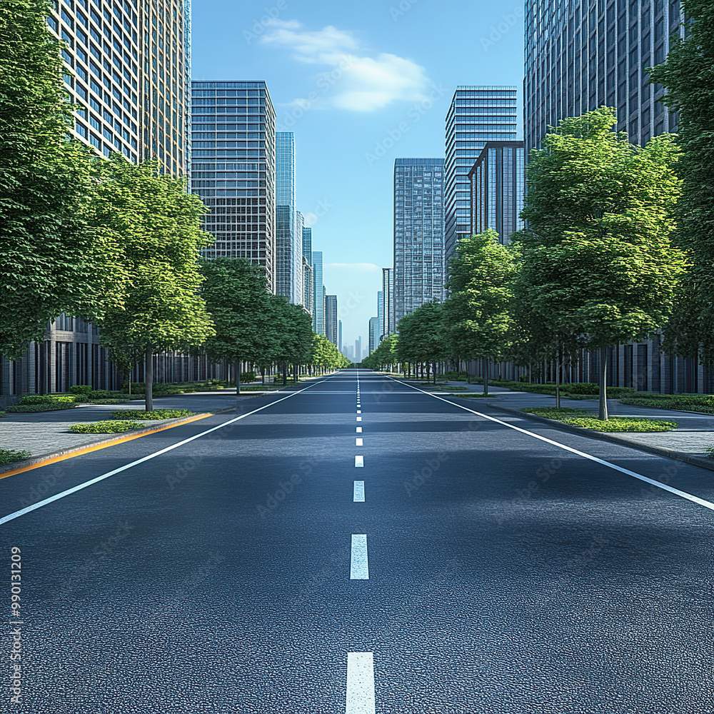 Obraz premium A straight road with trees on both sides, city buildings in the background