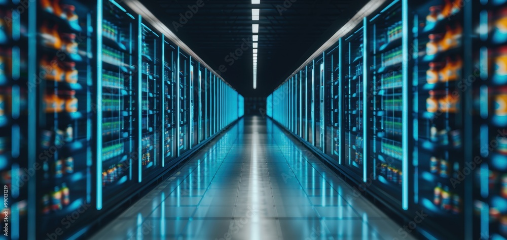 Fototapeta premium A modern data center with rows of glowing servers, showcasing advanced technology and efficient organization in a high-tech environment.