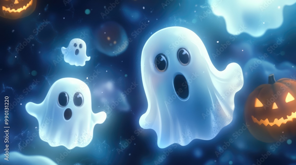 Colorful ghosts float playfully around illuminated pumpkins, creating a festive Halloween atmosphere against a dreamy, starry backdrop Colorful ghosts float playfully around illuminated pumpkins, creating a festive Halloween atmosphere against a dreamy, starry backdrop